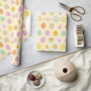 Cute Pastel Easter Eggs Pattern Spring Yellow Wrapping Paper
