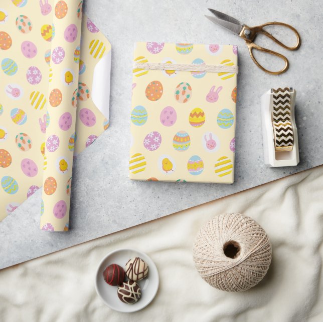 Cute Pastel Easter Eggs Pattern Spring Yellow Wrapping Paper (Crafts)