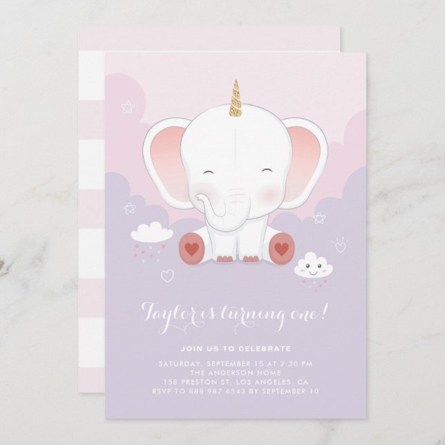 Cute Pastel Elephant Unicorn First Birthday Party Invitation (Front/Back)