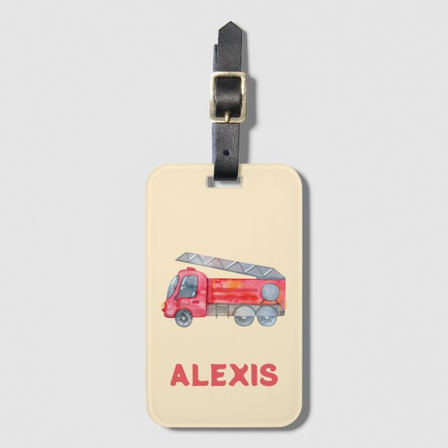 Cute Pastel Fire Engine Boys Personalized Kids Luggage Tag (Front Vertical)