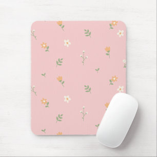 Cute Pastel Floral Pattern on Pink Background Mouse Pad