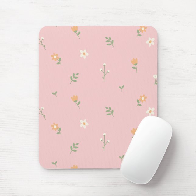 Cute Pastel Floral Pattern on Pink Background Mouse Pad (With Mouse)