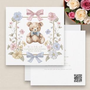 Cute pastel Floral Teddy Bear Baby Shower QR code  Invitation