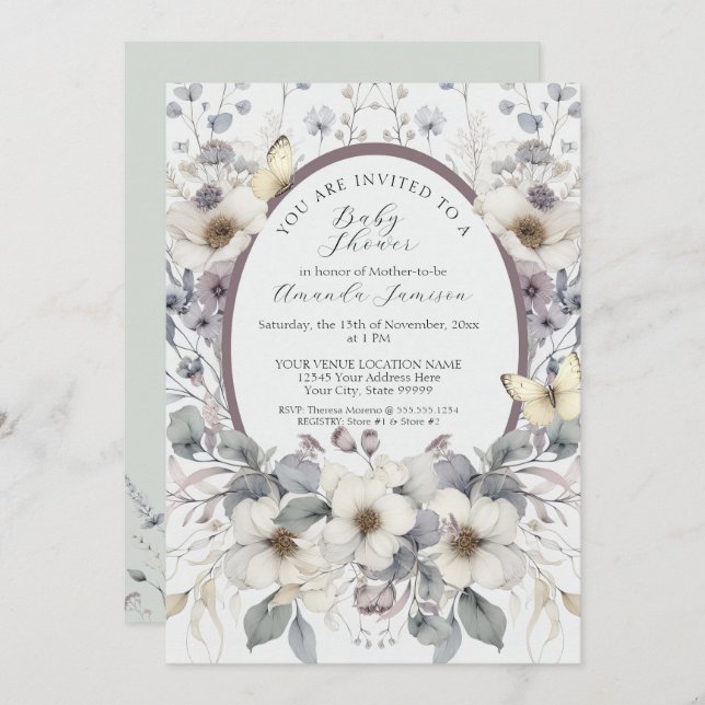 Cute Pastel Flower Butterfly Lavender Yellow Baby Invitation (Front/Back)