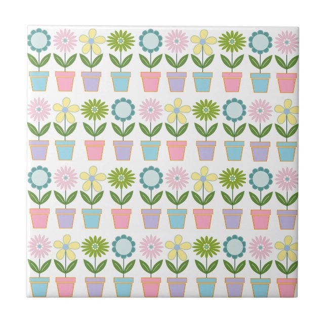 Cute Pastel Flower Pots Pattern Ceramic Tile (Front)