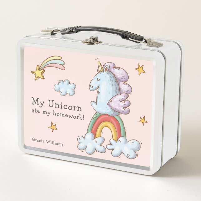 Cute Pastel Funny Unicorn Ate My Homework Metal Lunch Box (Front)