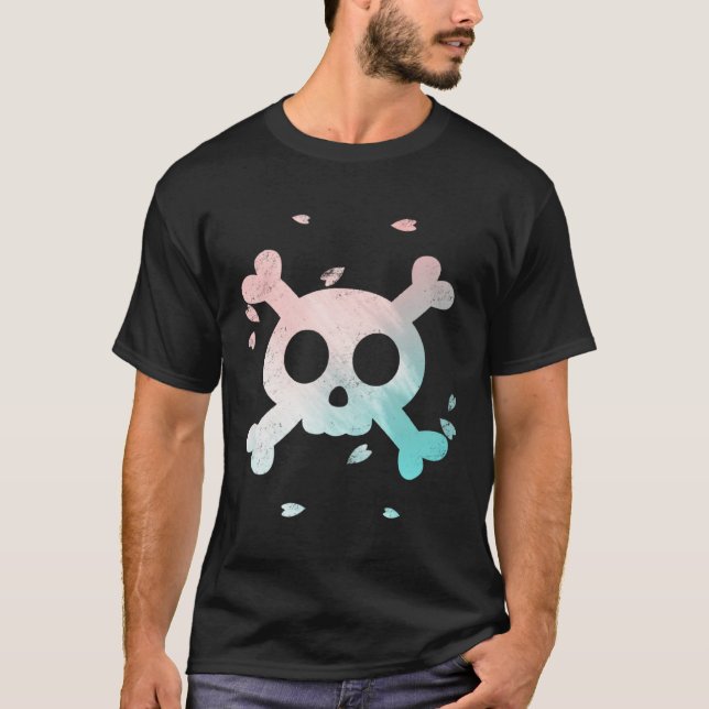 Cute Pastel Goth Garment Pink and Blue Skull Sakur T-Shirt (Front)