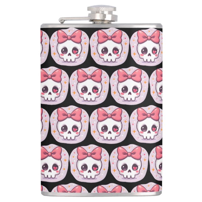 Cute Pastel Goth Skull with Bow Hip Flask (Front)