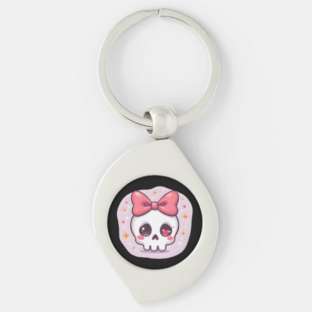 Cute Pastel Goth Skull with Bow Key Ring (Front)