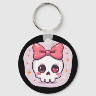 Cute Pastel Goth Skull with Bow Key Ring