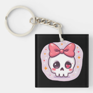 Cute Pastel Goth Skull with Bow Key Ring