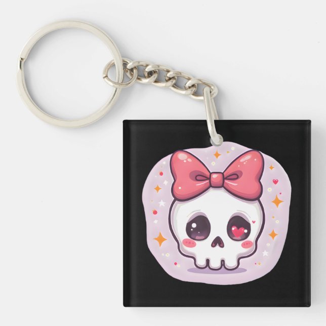 Cute Pastel Goth Skull with Bow Key Ring (Front)
