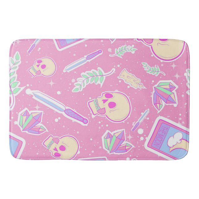 Cute Pastel Goth Witchy Pattern with Skulls, Cryst Bath Mat (Front)