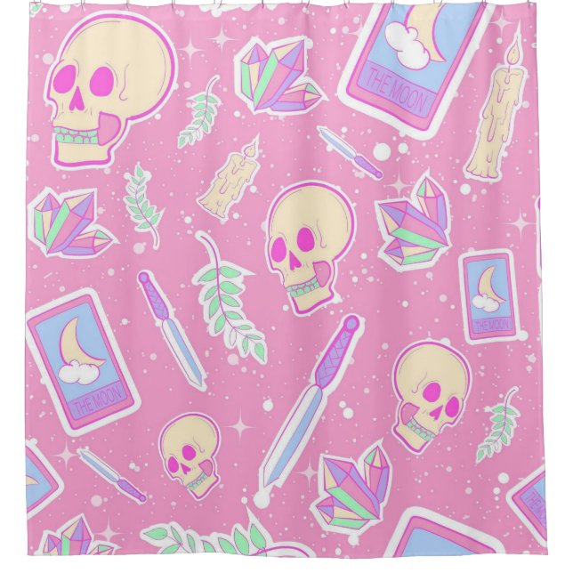 Cute Pastel Goth Witchy Pattern with Skulls, Cryst Shower Curtain (Front)
