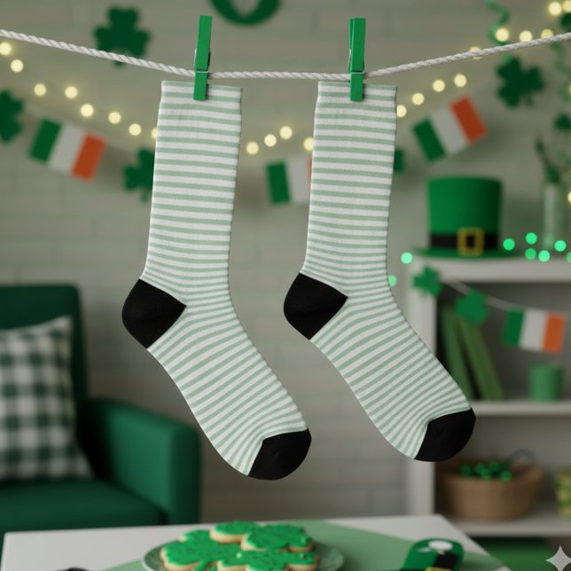 Cute Pastel Green and White Thin Stripes Socks (Cute Green and White Stripes St Patrick's Day Socks. Lucky Green and White Striped Pattern for Kids)