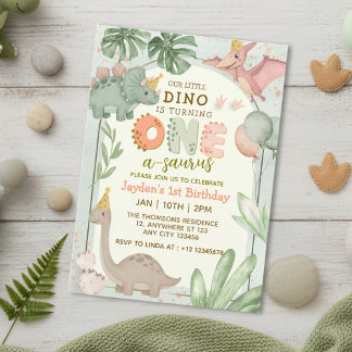 Cute Pastel Green Dinosaur One-A-Sauraus Birthday  Invitation