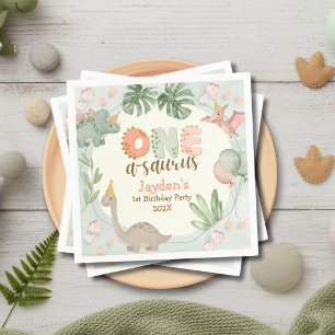 Cute Pastel Green Dinosaur One A Saurus Birthday Napkin