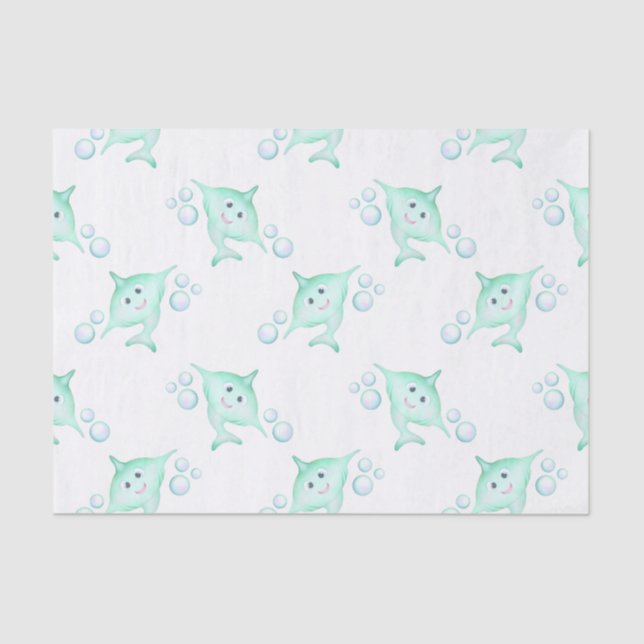 Cute Pastel Green Kids Watercolour Shark  Tissue Paper (Front)