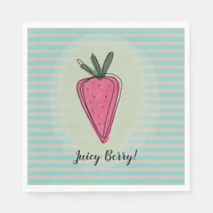Cute Pastel Green Stripes Juicy Strawberry Napkins
