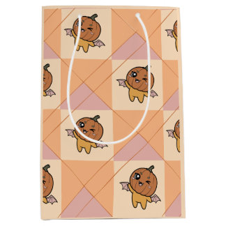 Cute Pastel Halloween Pumpkin Bat Pattern Medium Gift Bag