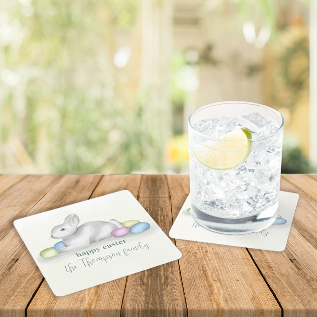 Cute Pastel Happy Easter Bunny Simple Party Square Paper Coaster (Creator Uploaded)