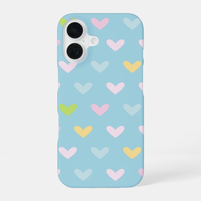 Cute Pastel Hearts Pattern Light Blue iPhone 16 Case (Back)