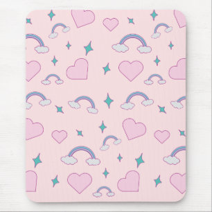 Cute Pastel Hearts & Rainbow Pattern Kawaii Pink Mouse Pad
