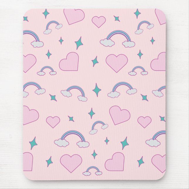Cute Pastel Hearts & Rainbow Pattern | Kawaii Pink Mouse Pad (Front)