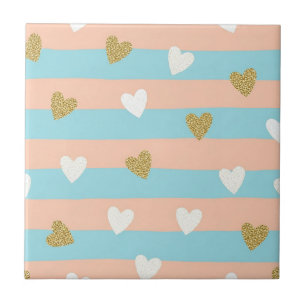 Cute Pastel Hearts Stripe with Shimmering Gold Ceramic Tile