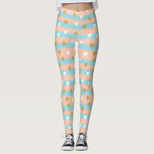 Cute Pastel Hearts Stripe with Shimmering Gold Leggings