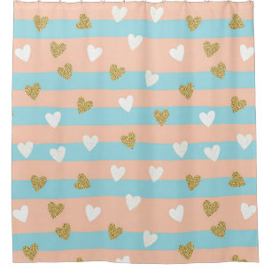 Cute Pastel Hearts Stripe with Shimmering Gold Shower Curtain