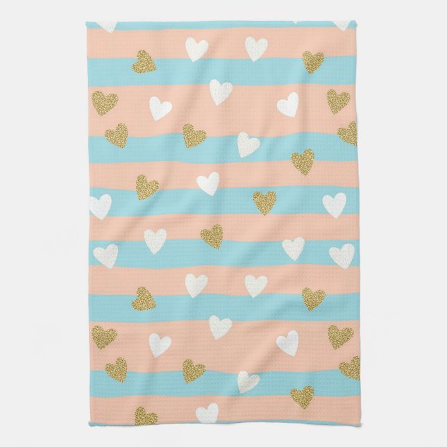 Cute Pastel Hearts Stripe with Shimmering Gold Tea Towel (Vertical)