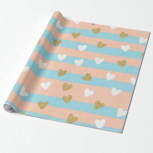 Cute Pastel Hearts Stripe with Shimmering Gold Wrapping Paper