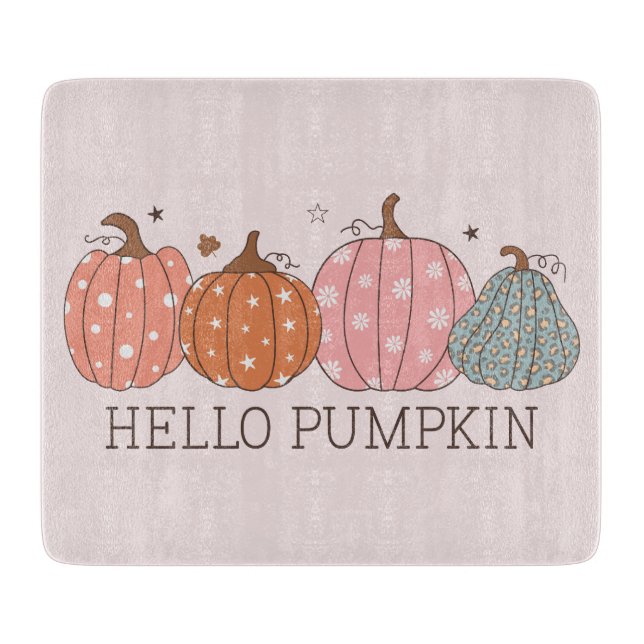 Cute Pastel Hello Pumpkin Glass Cutting Board (Front)