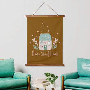 Cute Pastel "Home Sweet Home" Illustration – Cosy Hanging Tapestry