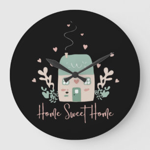 Cute Pastel "Home Sweet Home" Illustration – Cosy Large Clock
