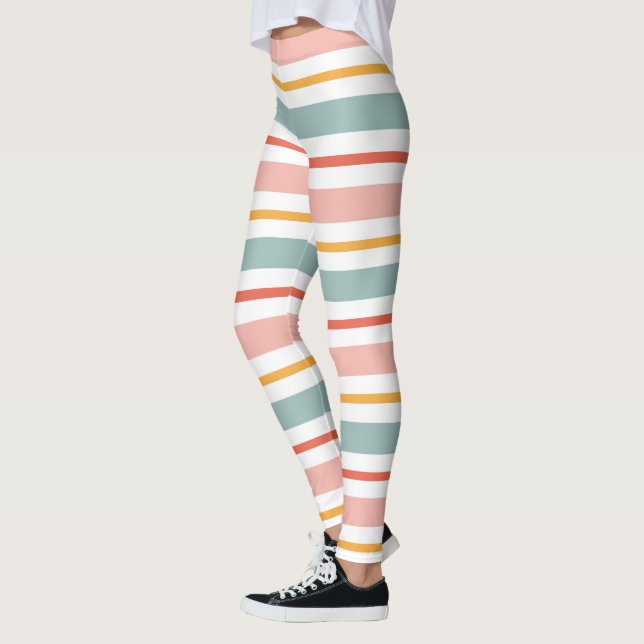Cute Pastel Horizontal Stripes Boho Pink Teal Yell Leggings (Left)