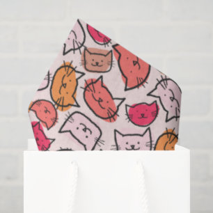Cute Pastel, Hot Pink & Orange Hand Drawn Cat Face Tissue Paper