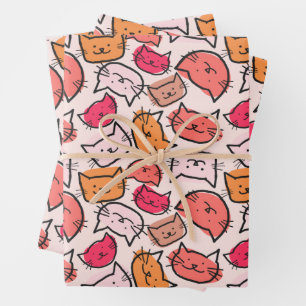 Cute Pastel, Hot Pink & Orange Hand Drawn Cat Face Wrapping Paper Sheet