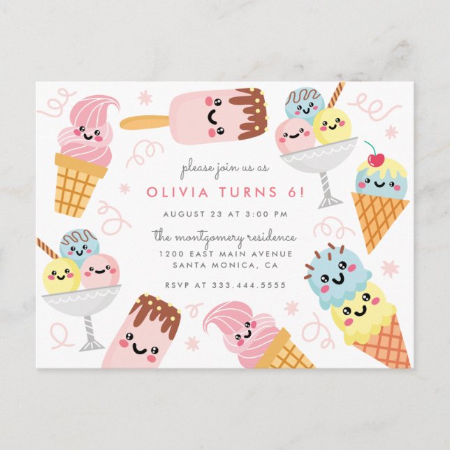 Cute Pastel Ice-cream Kid's Birthday Party Invitation Postcard (Front)