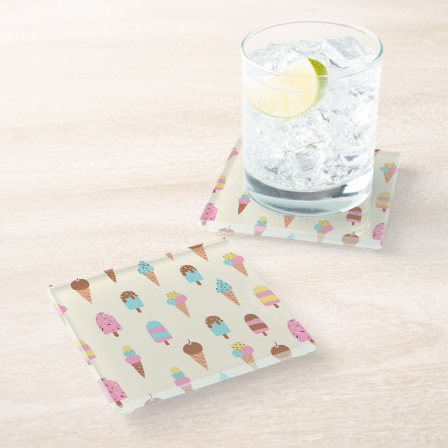 Cute Pastel Ice Cream Sweets Pattern Glass Coaster (Angled)