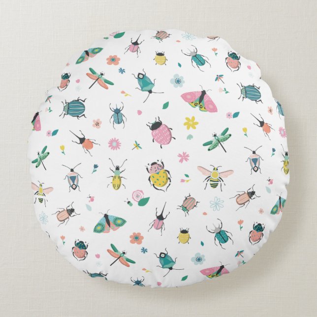 Cute Pastel Insect and Bug Pattern Round Cushion (Front)