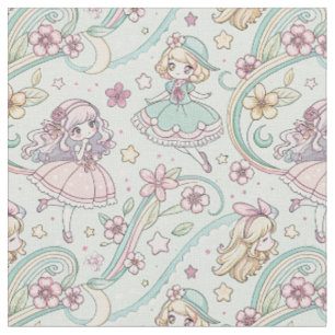 Cute Pastel Kawaii Anime Magical Girls Floral Art Fabric