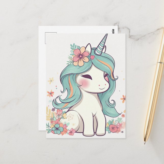 Cute Pastel Kawaii Unicorn Postcard (Front/Back In Situ)