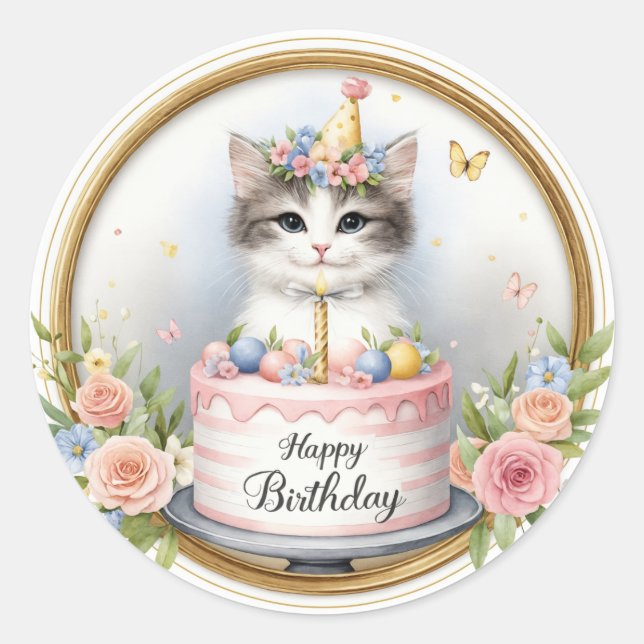 Cute Pastel Kitten Birthday Cake - Birthday Classic Round Sticker (Front)