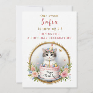 Cute Pastel Kitten Birthday Cake - - Birthday  Invitation