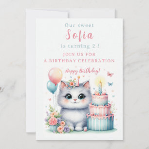 Cute Pastel Kitten Birthday Cake - Birthday Invitation