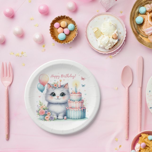 Cute Pastel Kitten Birthday Cake - Birthday Paper Plate (Creator Uploaded)