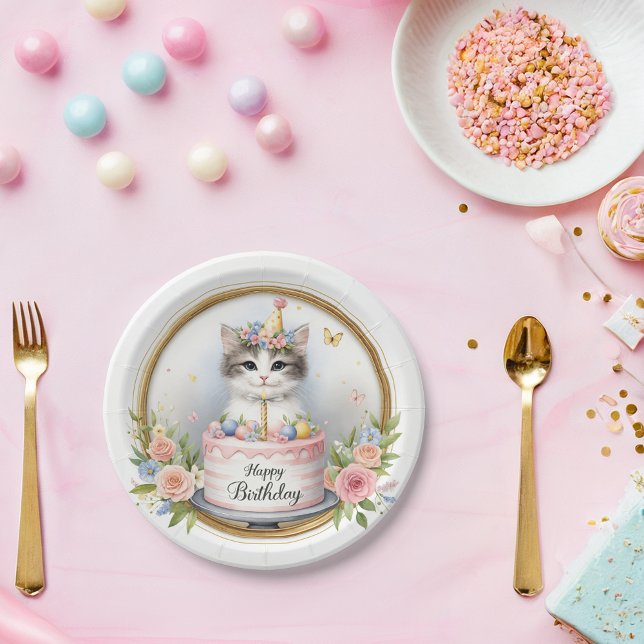 Cute Pastel Kitten Birthday Cake - Birthday Paper Plate (Creator Uploaded)