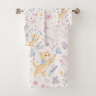 Cute Pastel Kittens and Butterflies Floral Bath Towel Set